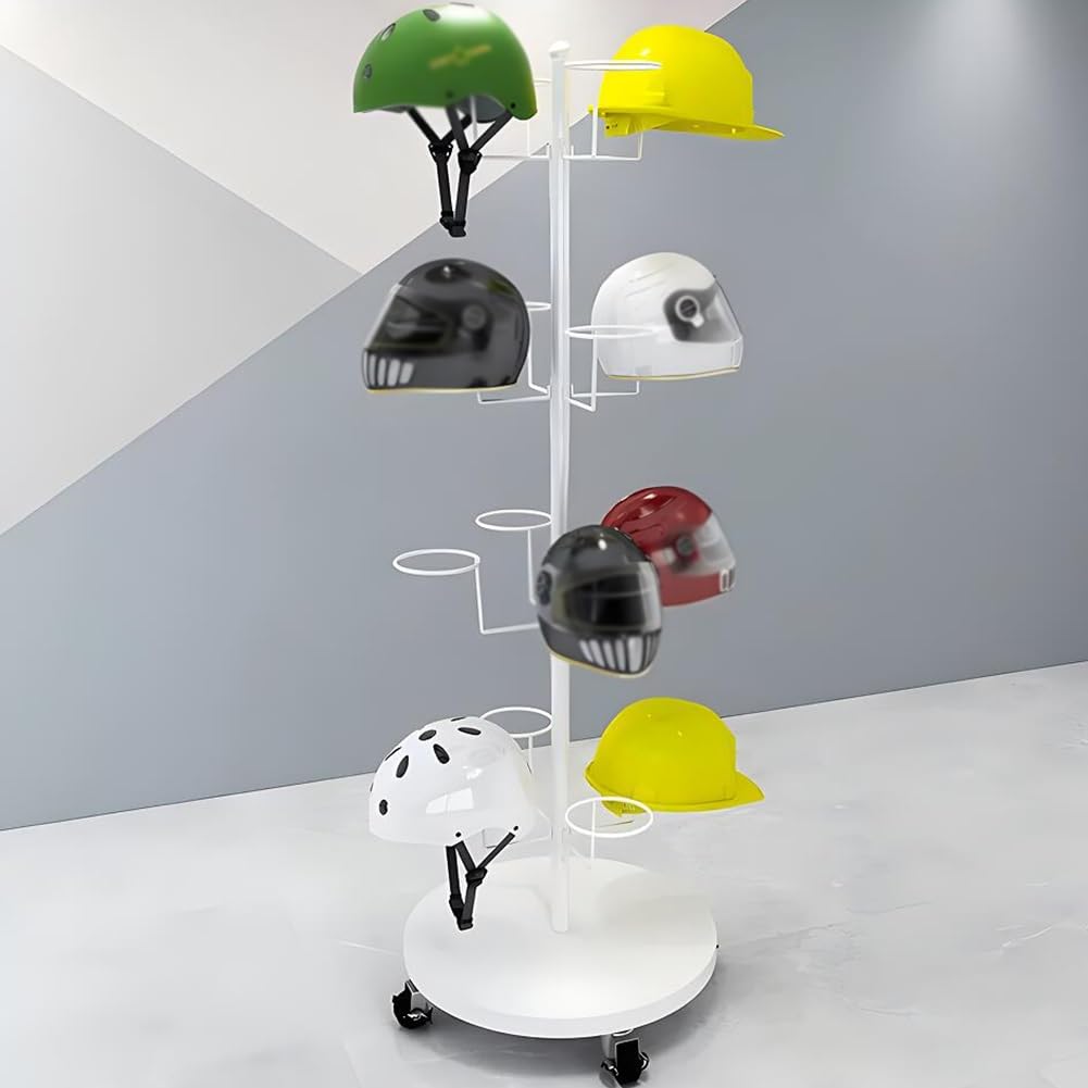 YNBSHGAA 4-Tier Rotatable Helmet Hat Display Rack, Adjustable Spacing Metal Circular Stand with Hooks, for Hat Store Retail Shop,White-55x55x177cm