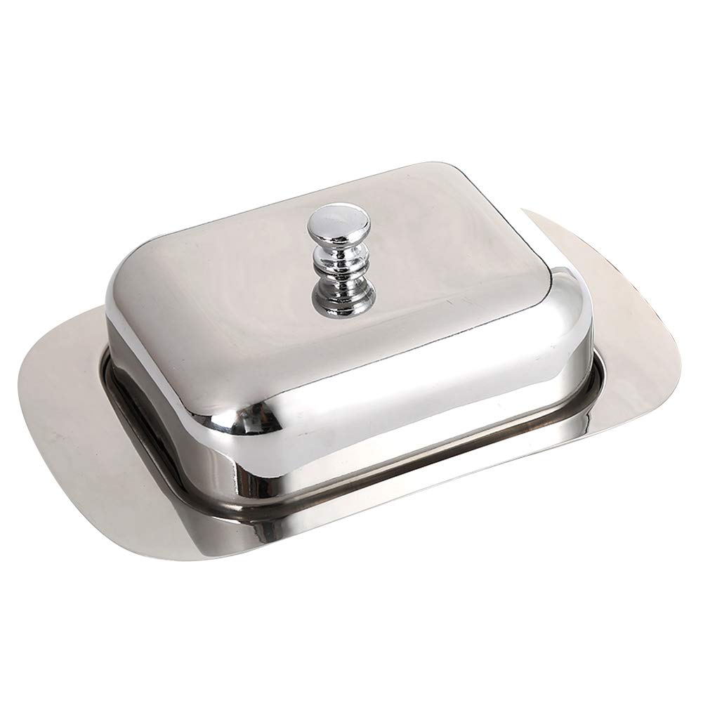 CTRLZS Luxious Stainless Steel Butter Dish Box Container Shiny Cheese Server Storage Keeper Tray with Easy to Hold Lid