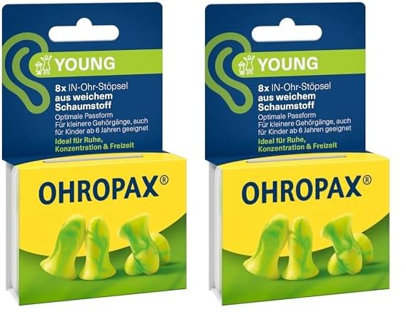 OHROPAX Young Ohrstöpsel – für Ohren mit kleineren Gehörgängen – IN-Ohr-Stöpsel aus weichem Schaumstoff – Schalldämmwert SNR 35 dB – ideal für Ruhe, Konzentration und Freizeit – 8 Stück