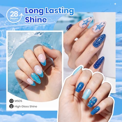 Image of Beetles Blue Gel Nail Polish Set, 6 Colors Glacier Diamond Glitter Deep Blue Shimmer Gel Polish, Sparkling Summer UV Soak Off Nail for DIY Nail Art Salon Home Gift for Women