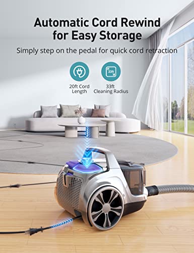 Image of Aspiron Canister Vacuum, Upgraded 1600W Bagless Canister Vacuum Cleaner, Auto Cord Rewind, H13 HEPA Filter, 3.7Qt Large Capacity, 5 Tools for Hard Floors, Carpet, Pet, Upholstery, Tiles, V DELE 415