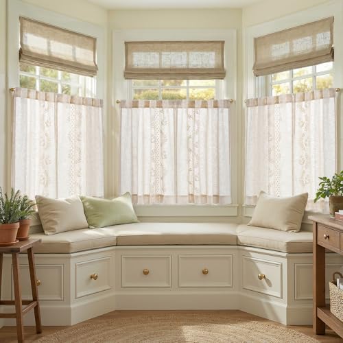 Image of jinchan Ivory Floral Linen Kitchen Tier Curtains 36 Inch, 2 Panels