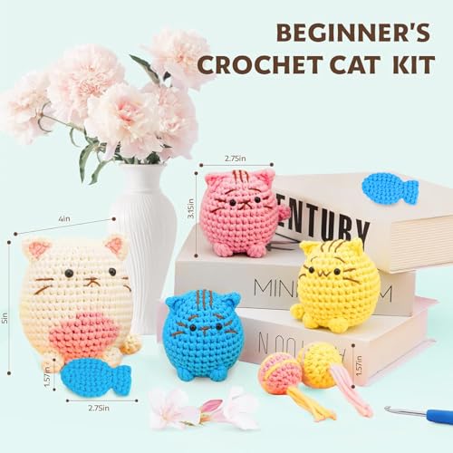Image of Crochet Kit for Beginners - Learn to Crochet 4 Adorable Cat Amigurumi with Step-by-Step Video Tutorial and Easy Peasy Yarn, Complete Starter Kit for Adults Kids, DIY Craft Gift for Birthday Christmas