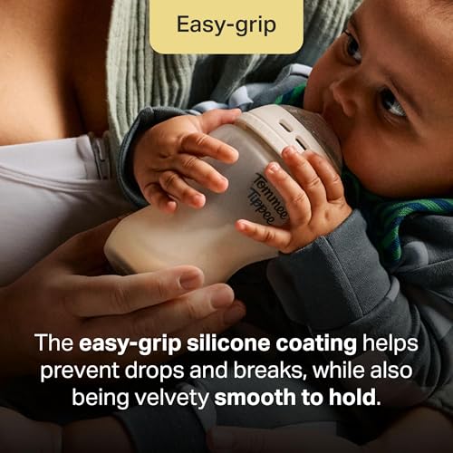 Image of Tommee Tippee Silicone Coated Glass Baby Bottles for Feeding, 5 0z, Anti-Colic, 0+ Months, Slow Flow Breast-Like Nipple, Shatter-Proof Glass, BPA Free, Pack of 2