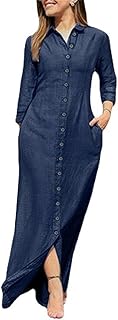 utcoco Womens Casual Button Down Denim Maxi Dress Lapel Long Sleeve Long Jean Dresses with Pockets