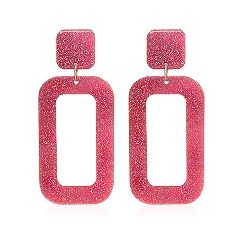 YUNXI 70s Vintage Minimalist Multicolor Acrylic Geometric Square Hollow Drop Dangle Neon Earrings Retro 80s Party Costume Accessory Jewelry for Women With Box (Sparkling Pink) Cover