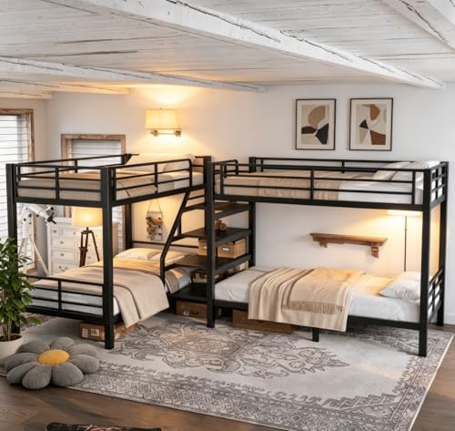 Bellemave Twin L-Shaped Quad Bunk Beds with Stairs Heavy Duty Metal 4 Bunk Beds with Storage Shelves for Kids Adults Black