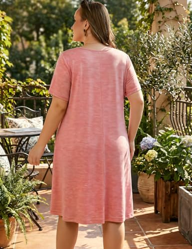 Image of OVERWORETY Womens Short Sleeve Plus Size T-Shirt Dress V Neck Casual Loose Swing A-Line Summer Tunic Dresses with Pockets