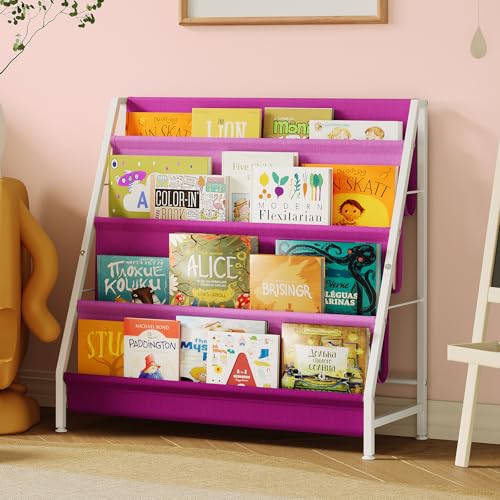 Image of Aokitsink Kids Bookshelf for Kids Rooms, 4-Tier Montessori Bookshelf,Nursery Book Shelves,Pink Toddler Bookshelf, Metal Kid's Book Storage Organizer for Girls Room Furniture Playroom Kindergarten