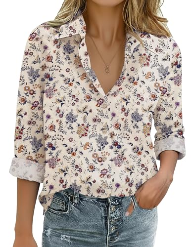 Zeagoo 100% Cotton Button Down Shirts for Women Apricot Print Floral Dressy Tops Long Sleeve Casual Blouses Fashion