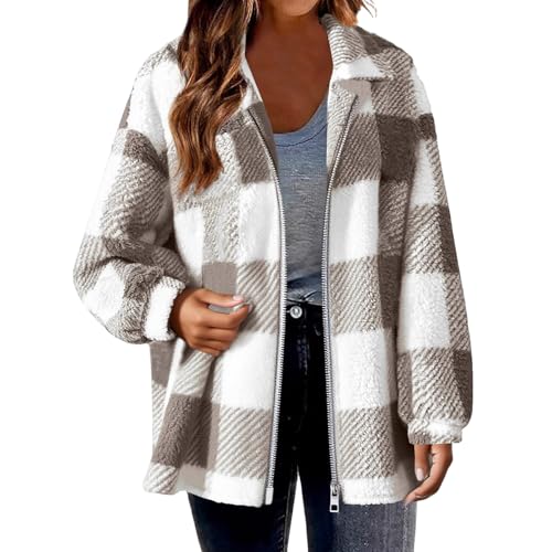 Womens Fleece Zip Up Jacket Trendy Long Sleeve Plaid Sherpa Shacket Plus Size Lightweight Warm Fuzzy Fall Coats2