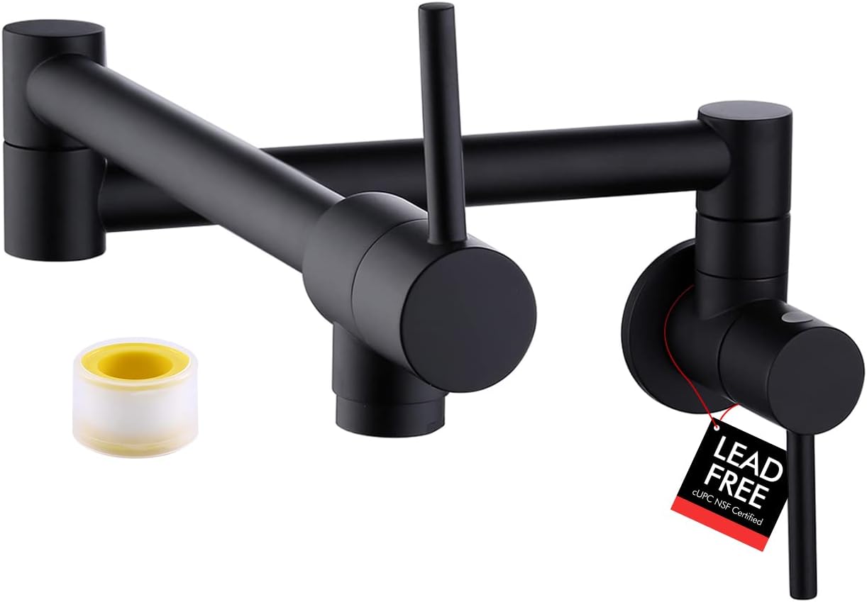 KES Pot Filler Folding Kitchen Faucet Double Joint Swing Arm Sink Faucet Articulating Wall Mount Two Handle Single Hole, Matte Black, cUPC NSF Certified Lead-Free, KN926LFF18-BK