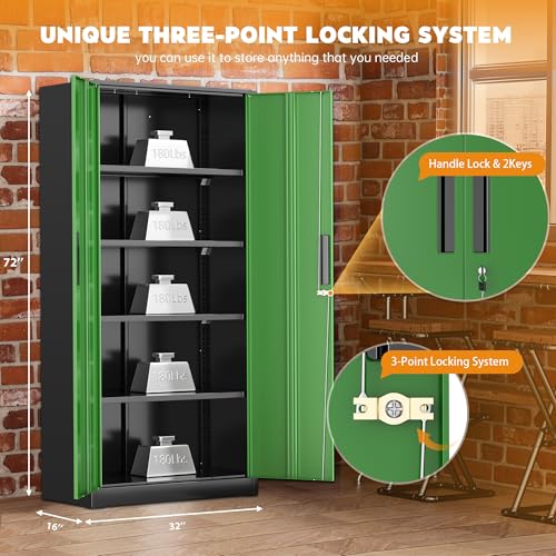 Image of Greenvelly Metal Garage Storage Cabinet, Steel Lockable Storage Cabinet with Doors and Shelves,Office Storage Cabinets, Tall Metal Cabinet for Garage Office School Gym Warehouse