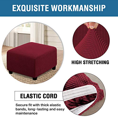 Image of H.VERSAILTEX Square Ottoman Covers Ottoman Slipcovers Folding Storage Stool Furniture Protector Form Fit with Elastic Bottom, Stretch High Spandex Small Checks Jacquard Fabric(Large,Burgundy Red)