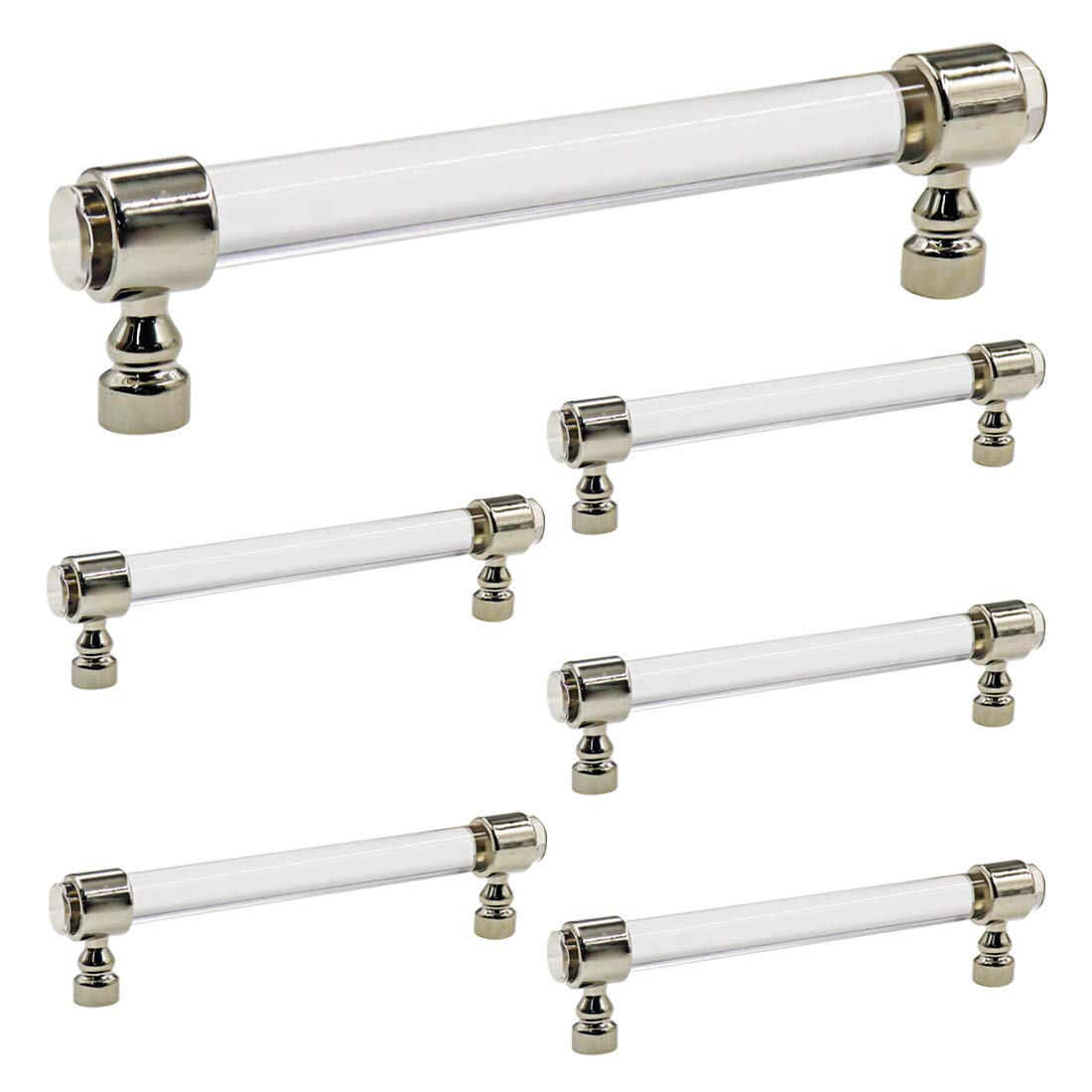 LC LICTOP 128mm/5 Hole Centers Clear Acrylic Silver Tone Kitchen Door Cabinet Drawer Dresser Pull Handles 150mm/5.9" Overall Length (6 Pack)