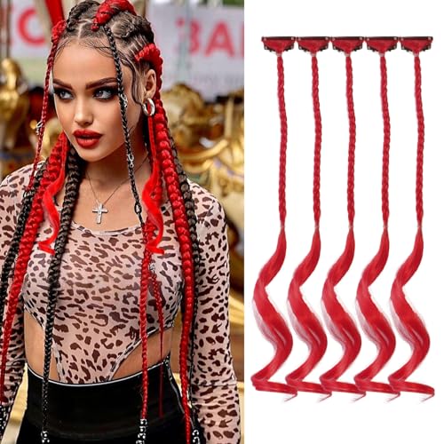 Boho Box Braiding Hair Extensions 22 Inch Clip in 5 PCS - Bohemian Braids With Curly Ends, Goddess Box Braids Synthetic Hairpieces, Red Natural Soft Hair
