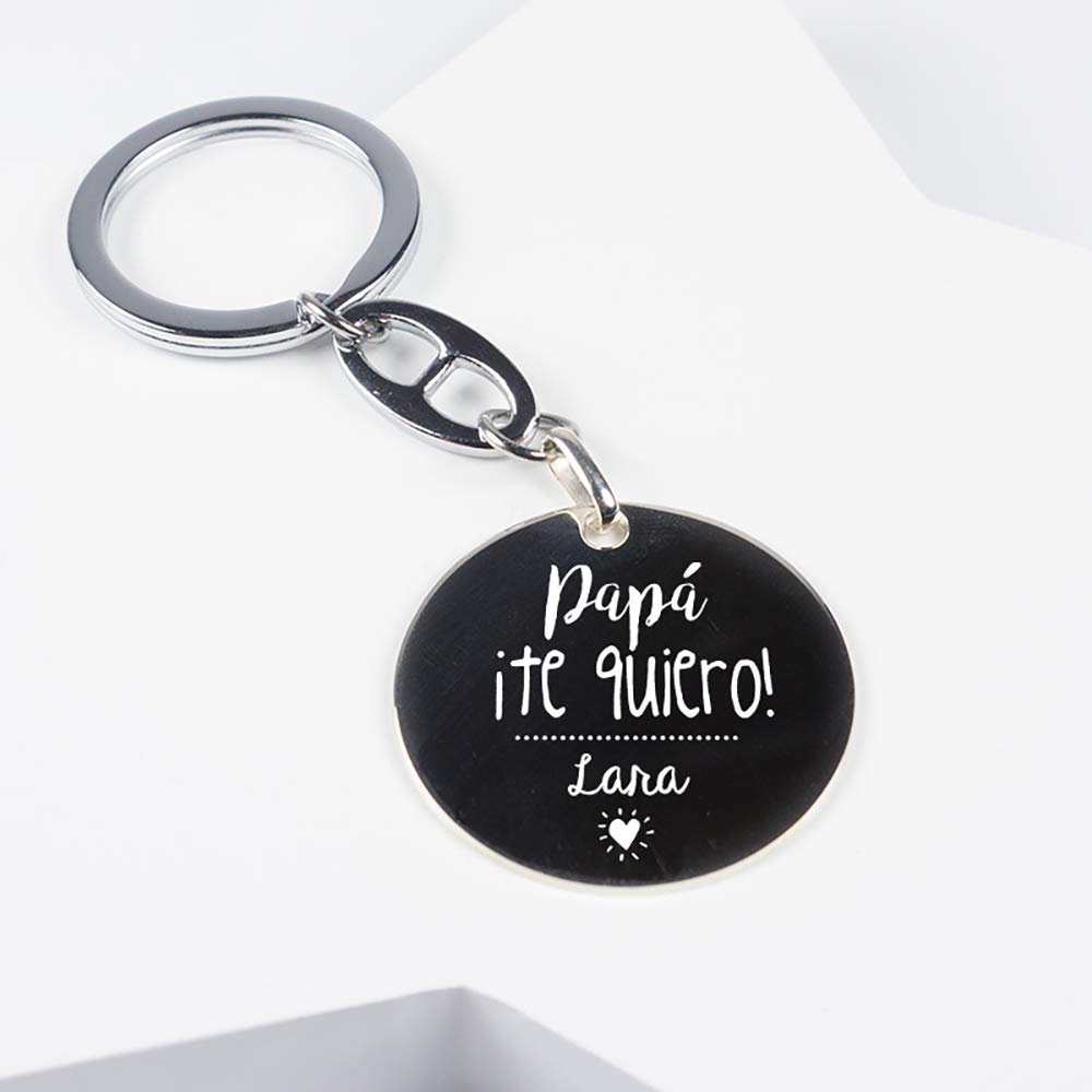 Regalo Personalizado para Padres: Llavero de Plata Redondo 'Papá ¡te Quiero!' Grabado con el Nombre Que tú Quieras