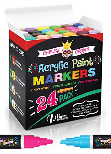 Acrylic Paint Markers, Acrylic Paint Pens for Rock Painting, Stone, Ceramic, Glass, Wood - Paint Pens and Acrylic Markers, Acrylic Paint Pen, Paint Marker, Rock Paint by Chalky Crown - (24 Pack, 6mm)