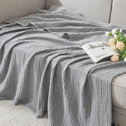 EMME Cotton Muslin Queen Blanket Bed Layering Bedspread Coverlet Breathable Gauze Soft Lightweight Blankets (Heather Grey, 90"x90")