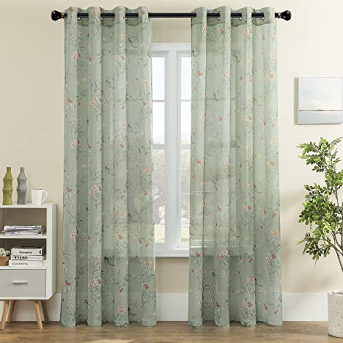 Image of XTMYI Sage Green Whimsical Sheer Curtains 96 Inches Long 2 Panel Set, Dark Moody Curtains for Living Room Bedroom Sliding Glass Door Floor to Ceiling Hanging