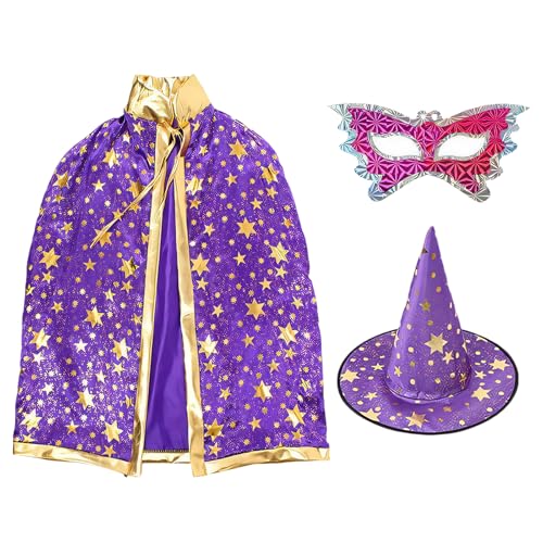 DvBCNMe Zauberer Kostüm Kinder, 3-teiliges Set mit Hut, Umhang und Augenbinde, Lila Zauberer Umhang Kinder, Verkleidungskiste für Kinders, Ideal für Halloween, Karneval und Rollenspiele