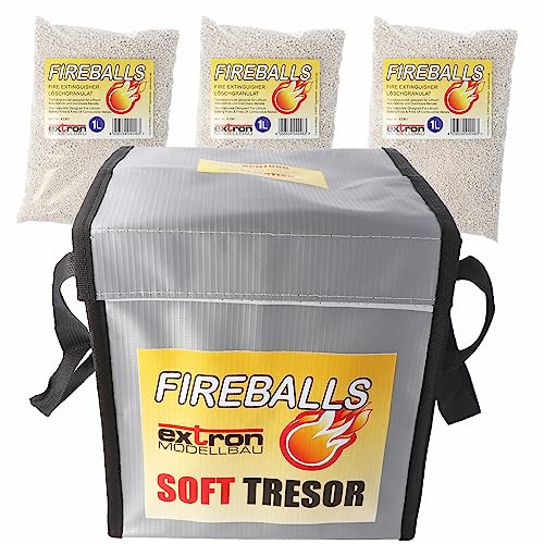 Extron Fireballs   Granulado extintor para baterías de litio, protección contra incendios, agente extintor, 3 x 1 l, incluye caja fuerte blanda