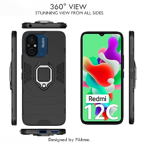 Image of Pikkme Redmi 12C / Poco C55 Back Cover | D5 Tough Armor Bumper | 360 Protection Case | Ring Holder Stand Case (Black)