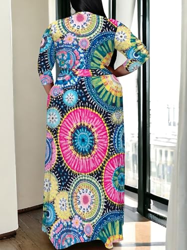 Image of SUZONANA Plus Size Maxi Dresses for Curcy Women Casual Loose 3 /4 Sleeve Long Dress with Belt