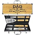 Fathers Day Dad Gifts from Daughter Heavy Duty Wooden BBQ Grilling Accessories Kit for Backyard, Thick Stainless Steel Grill Utensils with Non-Slip Handle Tools in Portable Bag Birthday
