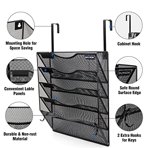 Bohdk Wall File Organizer, 5 Tire Hanging File Folder Organizer, Vertical Mesh Metal Door/Wall Mount Hanging File Holder, Paper Document Magazine Rack With Hooks For Home Office Black #TOP1