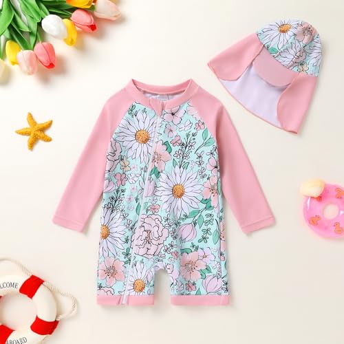 Toddler Baby Girls Swimsuit One-Piece Zipper Swimwear UPF 50+ Sun Protection Bathing Suit with Hat2
