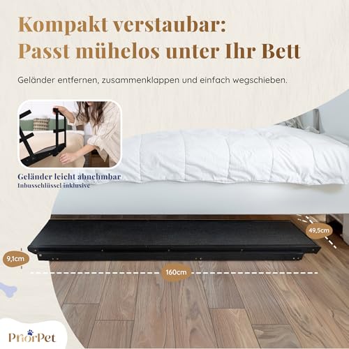 Hunderampe Bett mit Sicherheitsgeländer - Für Große Hunde bis zu 90 kg - Höhenverstellbare hundetreppe für Betten bis zu 94.5cm - Breite 49,5 cm - Klappbar - Anti-Rutsch-Griff - Birkenholz - Schwarz