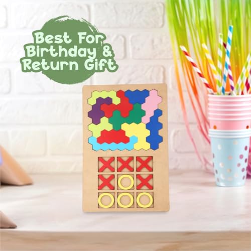 Image of SPARTAN KIDS 3D Wooden Hexagon Puzzle & Classic Tic Tac Toe Game - Montessori Educational Toy for Kids, Creative Shape Pattern Block, Two-in-One Early Learning Toy