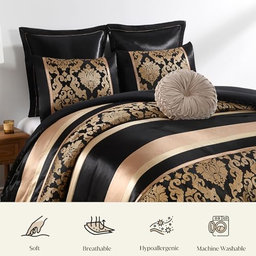 Image of CozyDH Black Gold Floral Comforter Set California King - 7 Piece Luxury Jacquard Bed in a Bag Vintage Patchwork, All Season Down Alternative Bedding with Bed Skirt, Shams, Decorative Pillow, 104x96 in