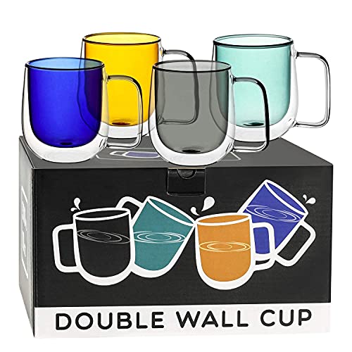 Up To 60% OFF Glass Coffee Mugs 10oz Set of 4 - Gift Wraped Double Walled Insulated Drinking Glassware Coffe Cups with Handle for Cold and Hot Espresso,Coffee,Tea, Gift for Women,Mixed Color