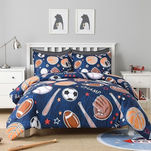 Image of Andency Soccer Basketball Baseball Football Comforter Set Queen(90 inchx90 inch), Sport Polyester Bedding Set for Boys Girls Kids Teens, Cartoon Ball Games Comforter 3 Pieces(1 Comforter, 2 Pillowcases)