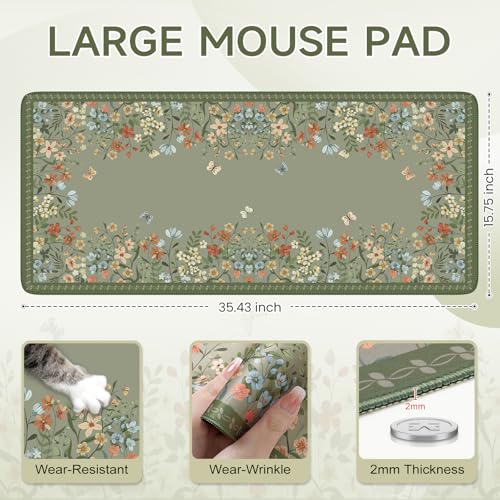 iCasso Desk Mat for Keyboard and Mouse,Large Keyboard Mat Non-Slip,Cute Desk Pad with Stitched Edges,Floral Mousepad for Women,Girly Computer Mat for Home Office Gaming(Sage Green) - Image 3