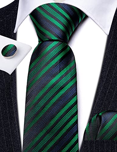 Image of Barry.Wang Man Stripe Ties Set Silk Woven Pocket Square Necktie Cufflinks Formal Party Business