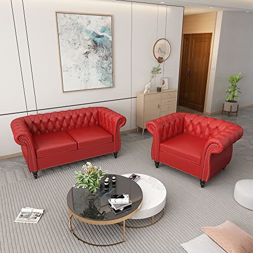 Image of ORRD 2 Piece Living Room Set, Chesterfield Leather Sofa Couch Chair with Scroll Arms and Nailhead for Living Room, Office (Burgundy)