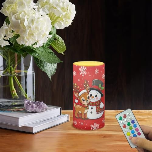 Image of Poceacles Flameless Candle with Remote Control 12 Colors 4 /8 Hours Timer LED Night Lights Pillar Candle Tealights Home Indoor Christmas Decor, Cute Snowman Reindeer Red