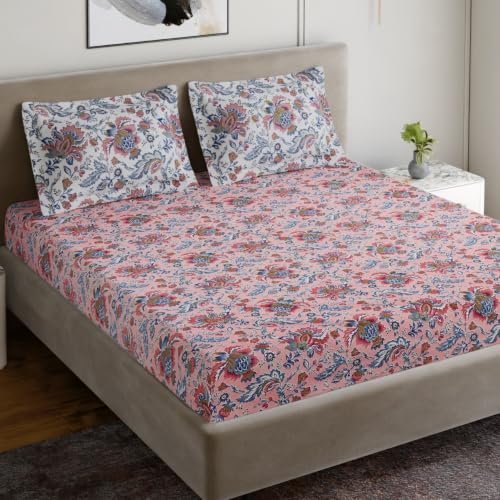 Image of Home Ecstasy 100% Cotton Jaipuri Bedsheet for King Bed, 140TC, 1 Bedsheet (Size 90 x 108 inches) with 2 Pillow Covers, Pink