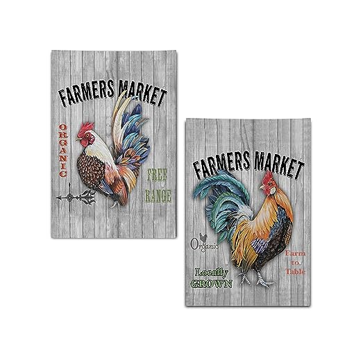 Kunlisa Rooster Waffle Weave Kitchen Towels Farmers Market Gifts for Chicken Lovers Farmhouse Hand Towels 16 x 24 Inch Set of 2