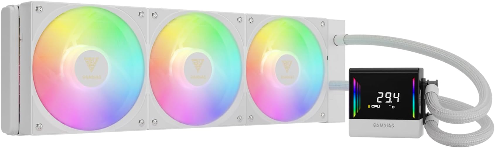 GAMDIAS CHIONE E4 360mm AIO CPU Liquid Cooler, Real-time Digital Display Patented PWM Pump, Hidden Cable Design, ARGB PWM Fan w/MB Sync, Intel LGA 1700/1200, AMD AM5/AM4, White