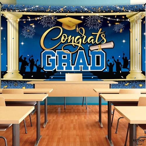 Image of KatchOn, XtraLarge Blue Congrats Grad Banner - 72x44 Inch, 2026 Graduation Backdrop | Blue Grad Banner Class of 2026 Grad Party Decorations, Graduation Decorations 2026
