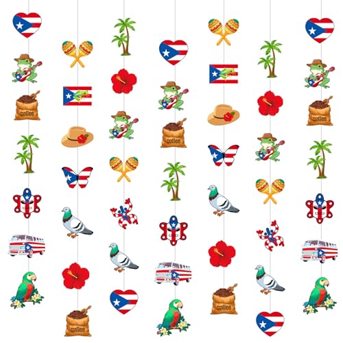 Image of Spakon 8 Pcs Puerto Rico Garlands Puerto Rican Party Hanging Decorations Hibiscus Garlands Banners Frog Paper Cutouts for Birthday Festivals Party Ceiling Wall Decor