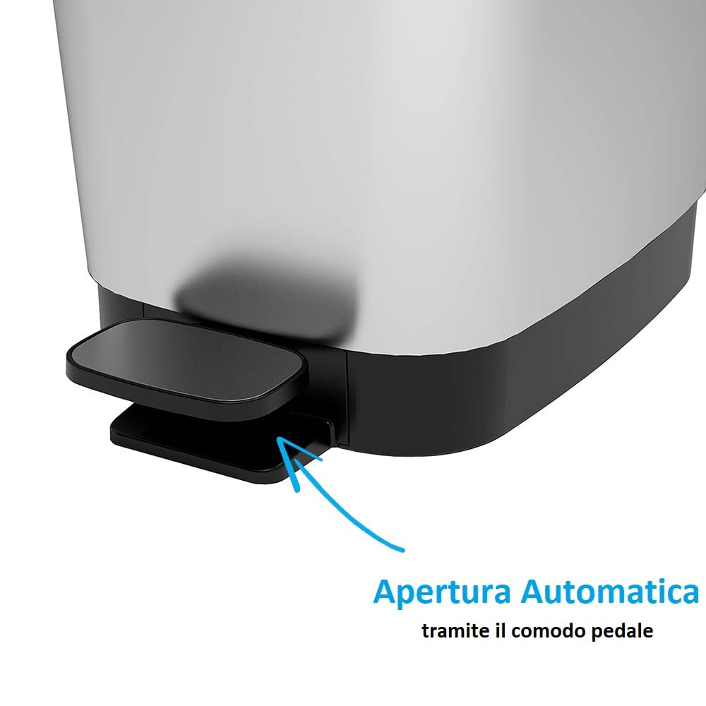 PALUPLUS Pattumiera da Cucina in Plastica Effetto Acciaio, Misura 27x41x45 cm, Capacità 35 Litri, Pedale per Apertura Automatica, Gommini Antiscivolo, Coperchio Anti Odori -329C