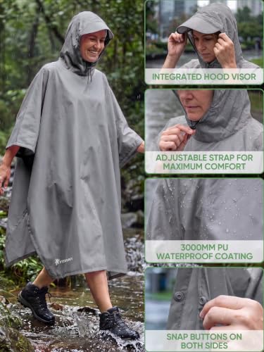 Image of PTEROMY Hooded Rain Poncho for Adult, Waterproof Lightweight Unisex Raincoat for Hiking Camping Emergency
