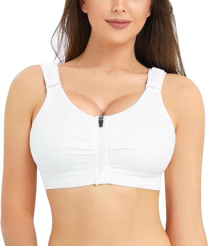 Nebility Zip Front Closure Sports Bra for Women Everyday Support Bra Compression Workout with Adjustable Straps Wirefree