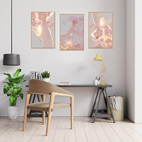 3Pcs Canvas Wall Art, Large Pink And Rose Gold Wall Decor Abstract Geometric Luxury Gold Framed Wall Painting Glitter Gold Blush Marble Big Print Artwork For Living Room Bedroom Home Decor 16X24 Inch #TOP3