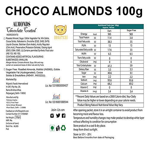 Image of BOGATCHI Sugar Free Chocolate Coated Almonds, 100g | Without Sugar | Suitable for People with Diabetes | Gift for No Sugar Lovers